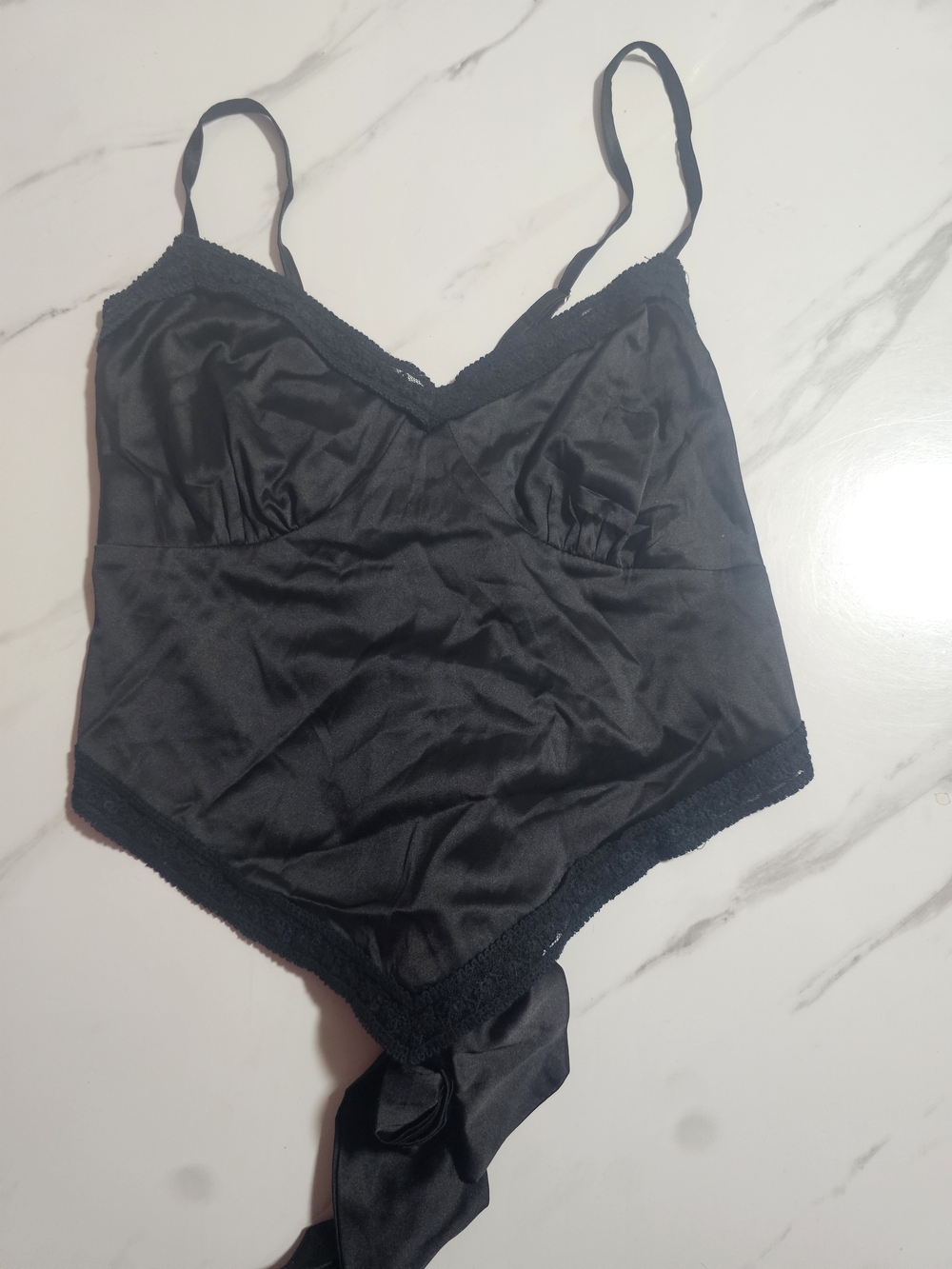 Papaya Black Satin & Lace Tie-Back Crop Top - Size Large